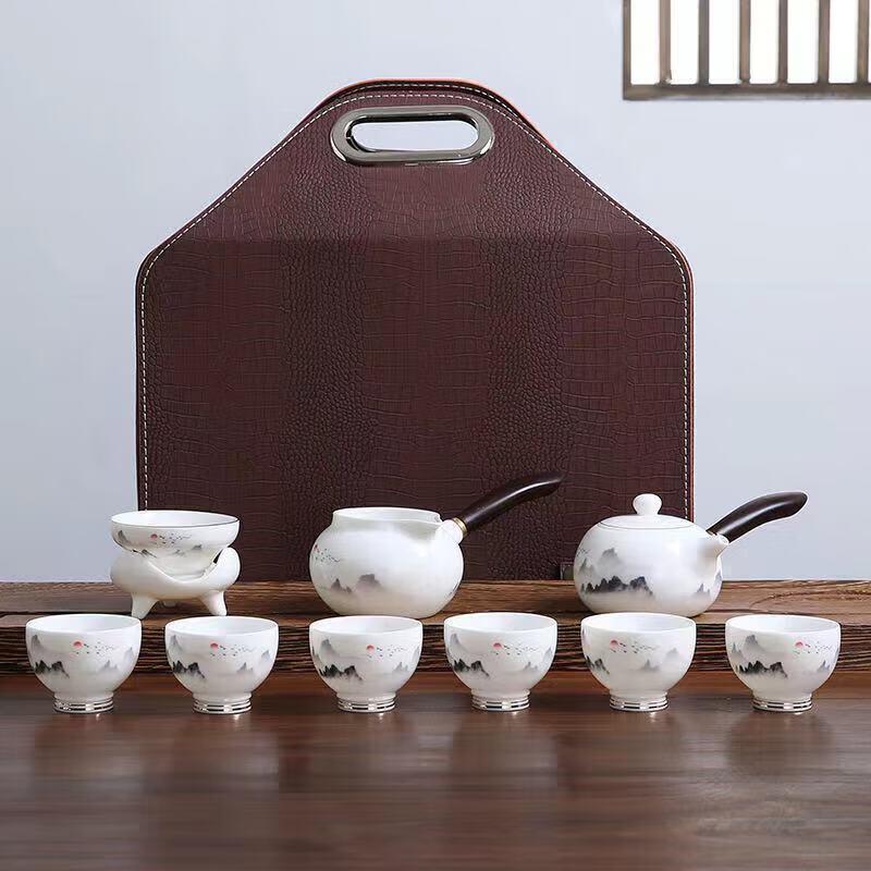 Mutton-fat Jade Porcelain Tea Set with Underglaze Blue Landscape