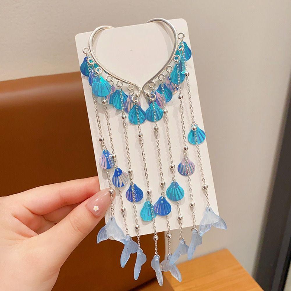 Mermaid Pearl Hair Clip Sweet Bow Accessories Fashion Tassel Forehead Chain  for Children