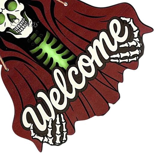 Front Porch Decor Halloween Skeleton Welcome Sign, Spooky Wooden Grim Reaper Shaped Door Rustic Hanging Sign Hanger, Horror Wall Plaque for