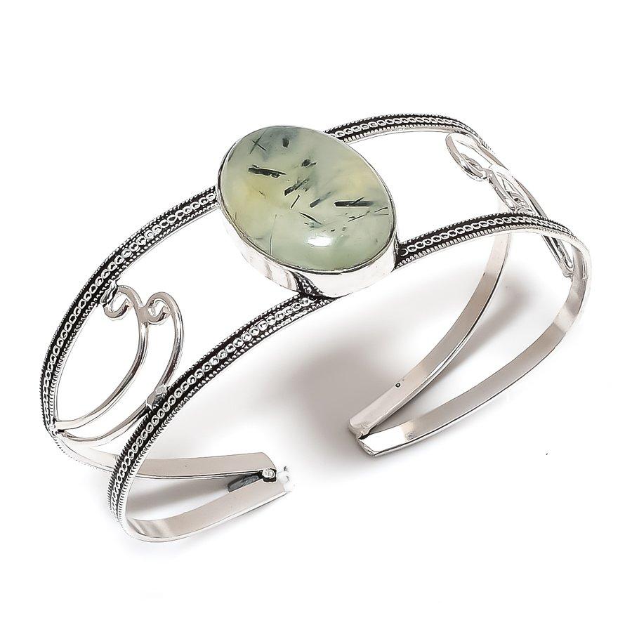 

Natural Prehnite Gemstone 925 Sterling Silver Cuff Bangle Adjustable r0D24