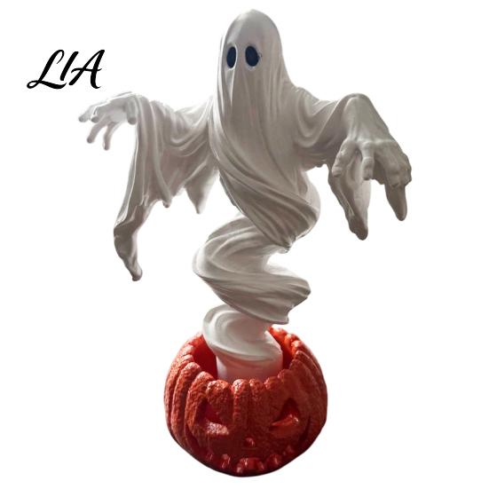 Unique Holiday Gift for Kids Swirling Ghost Pumpkin Yard Lamp, Lighted Spooky Statue, Warm LED Outdoor Artistic Resin Craft Figurine Decor,