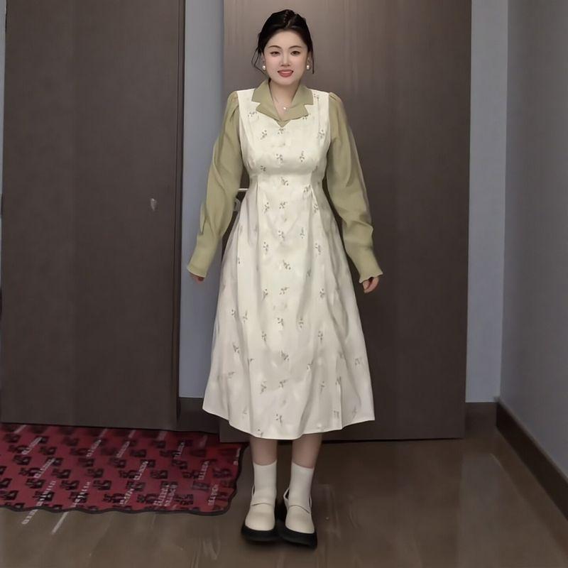 

Plus-Size Women s Clothing for Fat Girls, French Retro Fake Two-Piece V-Neck Waist-Cinching Dress, 2026 Summer Fashion Slimming Dress Picture color L