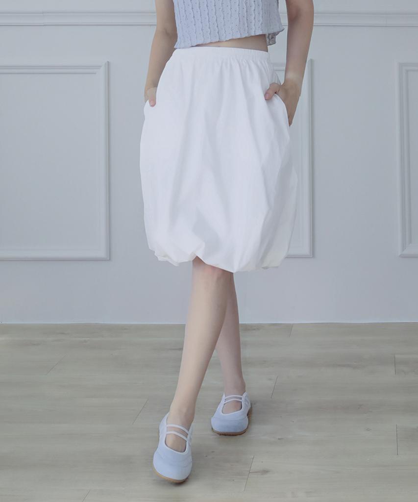 Keulleiseu Elastic Waist Volume Skirt_White