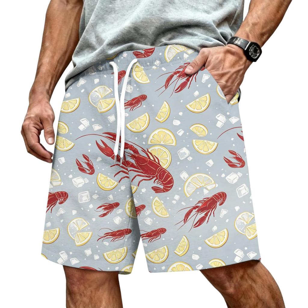 Men's Hawaiian Print Mesh Shorts with Drawstring Elastic Waist for Summer Beach and Casual Wear