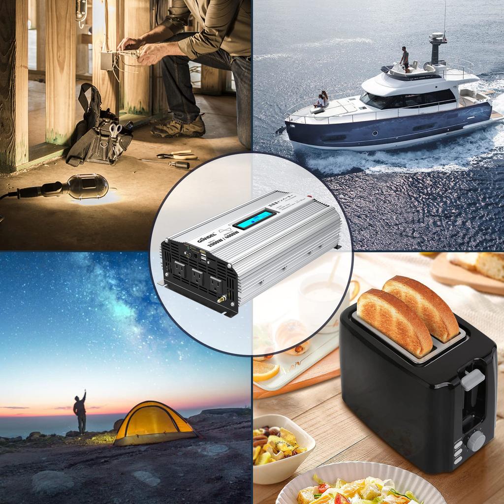 GIANDEL 2000W Onde Sinusoïdale 12V à 100V Convertit DC12V en Inclut Tension Compatible avec Alimentation USB et Deux Prises CA Onduleur, Convertisseur, 55Hz, AC100V,