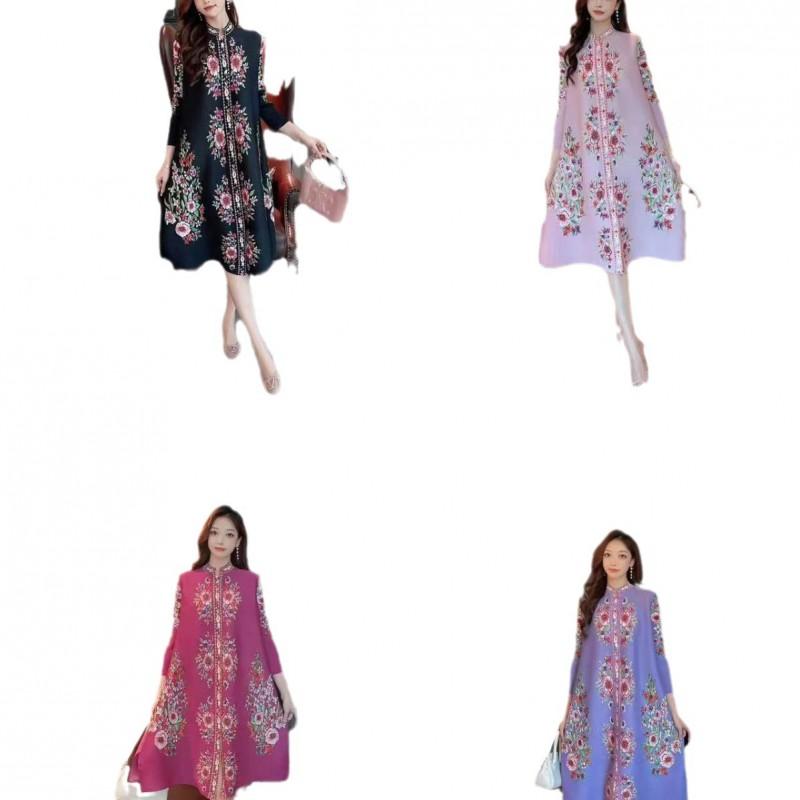 Womens Elegant Pleated Midi Dress With Floral Print Loose Fit Stand Collar Single Button Front Plus Size Friendly