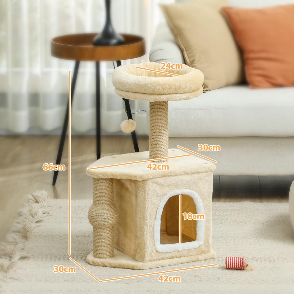 Cat Tree 66 cm Height Cat Tower with Bed Cave Platform Hanging Ball and Jute Post Beige