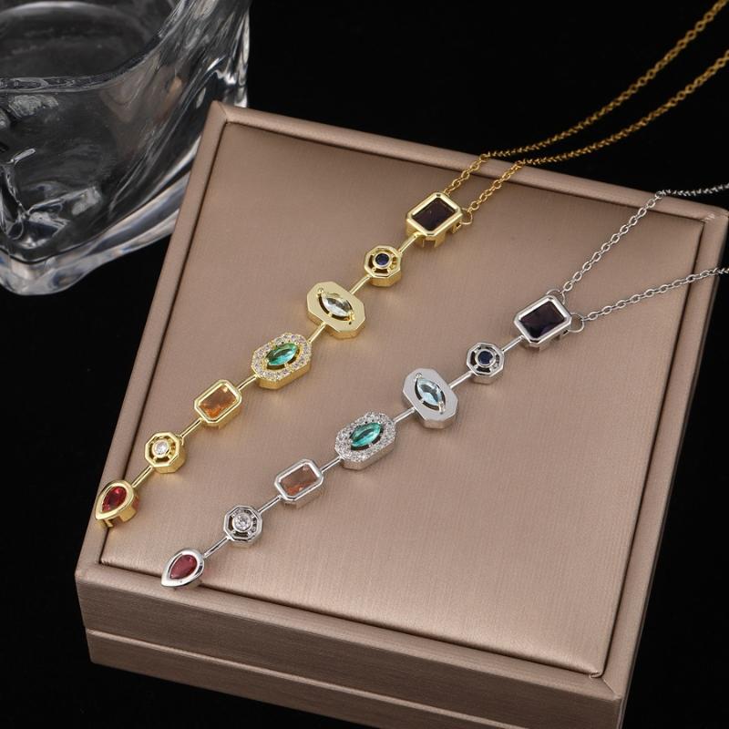 Retro Style Colorful Zircon Tassel Irregular Splicing Long Necklace Light Luxury Pendant Collarbone Chain For Women Jewelry