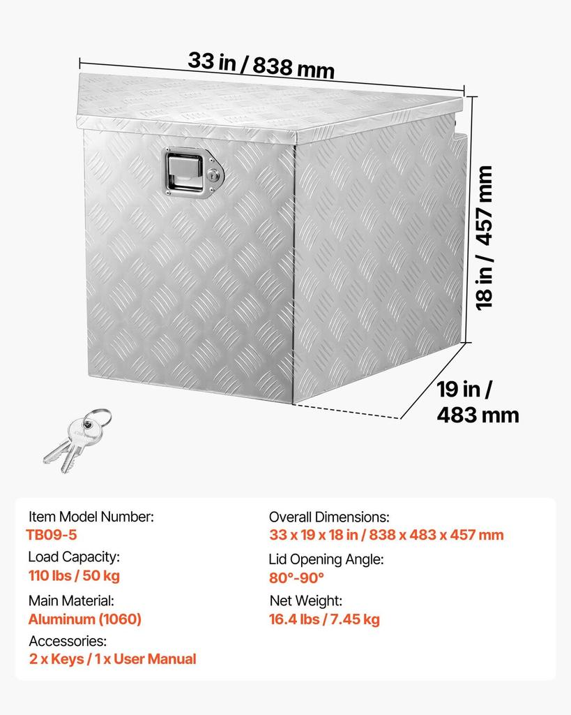 Trailer Tongue Box, 838 x 483 x 457 mm Aluminum Trailer Tongue Tool Box, Heavy Duty Storage Organizer with Lock & Keys, Utility Tool Chest for Pickup