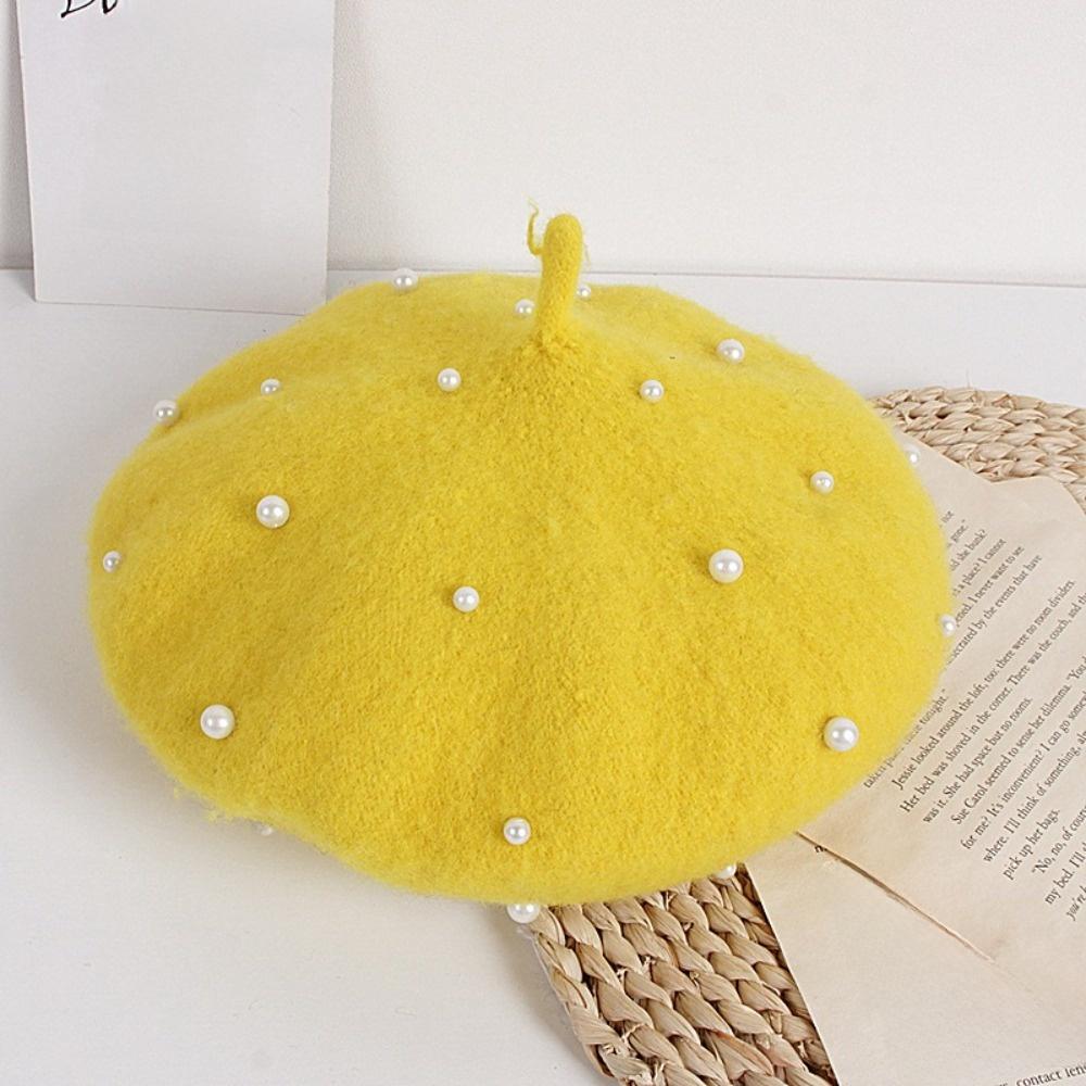 Solid Color Children's Beret Pearl Painter Hat Fashion Baby Wool Hat Kid