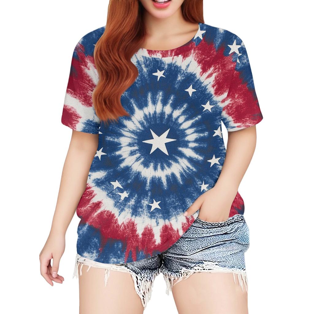 Women's Large Size T-Shirt Casual Tie-dye Round Neck Short Sleeve Top