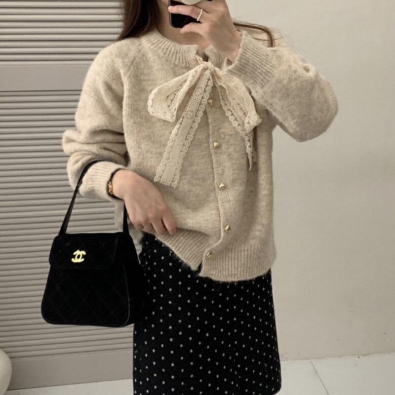 Lace-up Lace Bow Crew Neck Sweater Jacket Women's Autumn and Winter Loose Love Gold Button Knitted Cardigan Women
