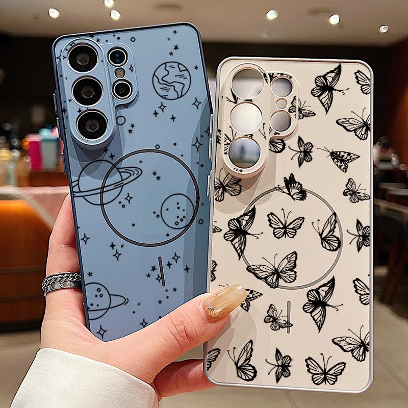 Line Rose Butterfly Floral Pattern Case For Samsung Galaxy S26 Ultra S25 Edge S24 Plus S23 FE S22 A17 A54 A55 A56 A57 5G Magnetic For Magsafe Cover