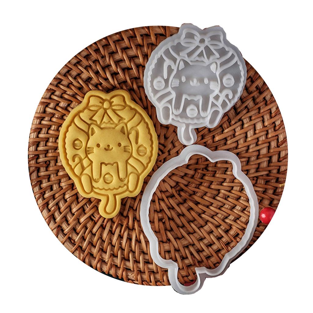 Christmas Cat Cookie Cutters Set Cartoon Pressable Biscuits Mold Plastic Cookie Stamps DIY Baking Tool Easy to Clean