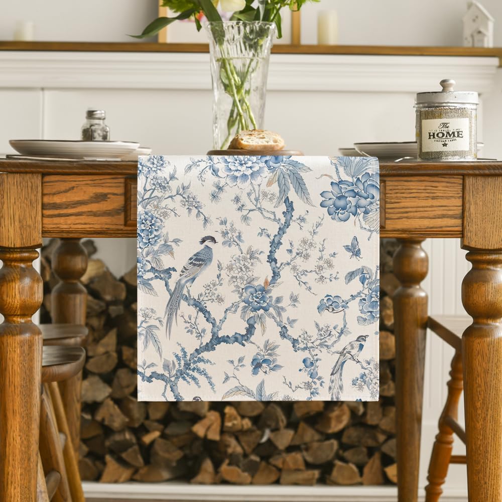 Artoid Mode Peacock Flower Chinoiserie Pompon Fall Table Runner, Seasonal Modern Kitchen Dining Table Decoration for Home Party Decor 13x48 Inch