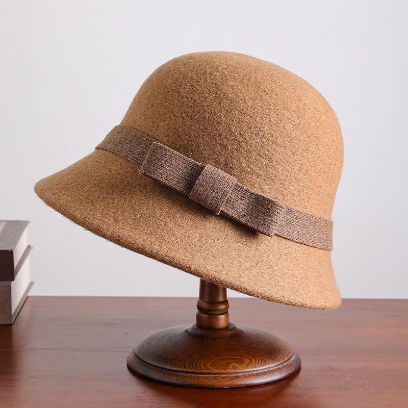 Vintage and Elegant 100% Wool Bow Top Hat for Women's Autumn and Winter New High-quality Warm Fisherman Hat Basin Hat