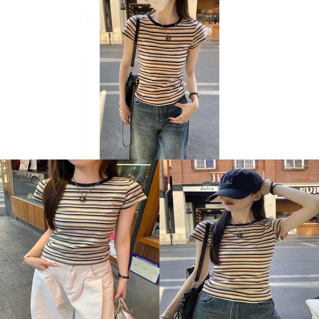 Striped Colorblock Slim Fit Cotton Short Sleeve T Shirt For Summer Casual Wear