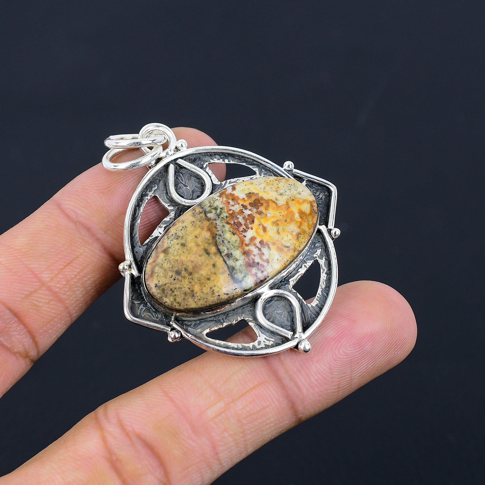 Mothers day Sale 925 Silver Picture Jasper Stone Bezel Birthday Pendant Jewelry