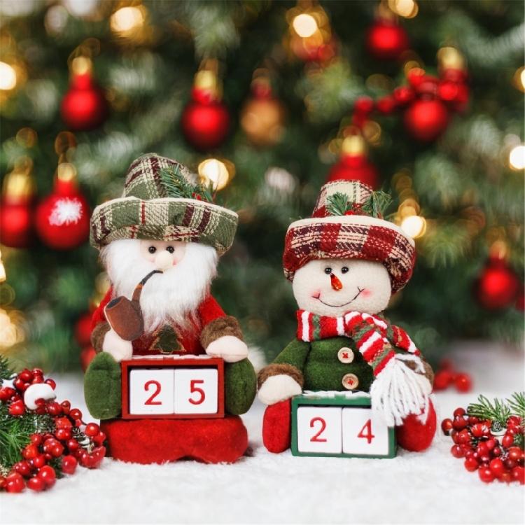 Santa and Snowman Plush Figurine Wood Christmas Count Down Calendar with Number Square Farmhouses Tabletop Ornament Gift
