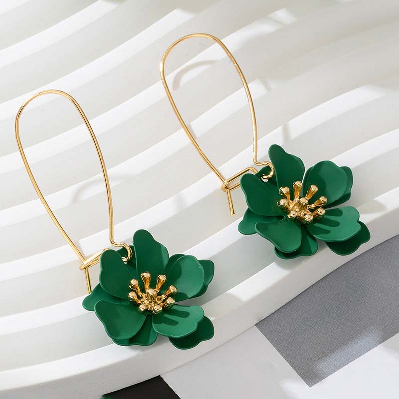 Vintage Red Enamel Flower Drop Earrings For Women Korean Sweet Long Petal Temperament Earrings Jewelry Accessories зелёный