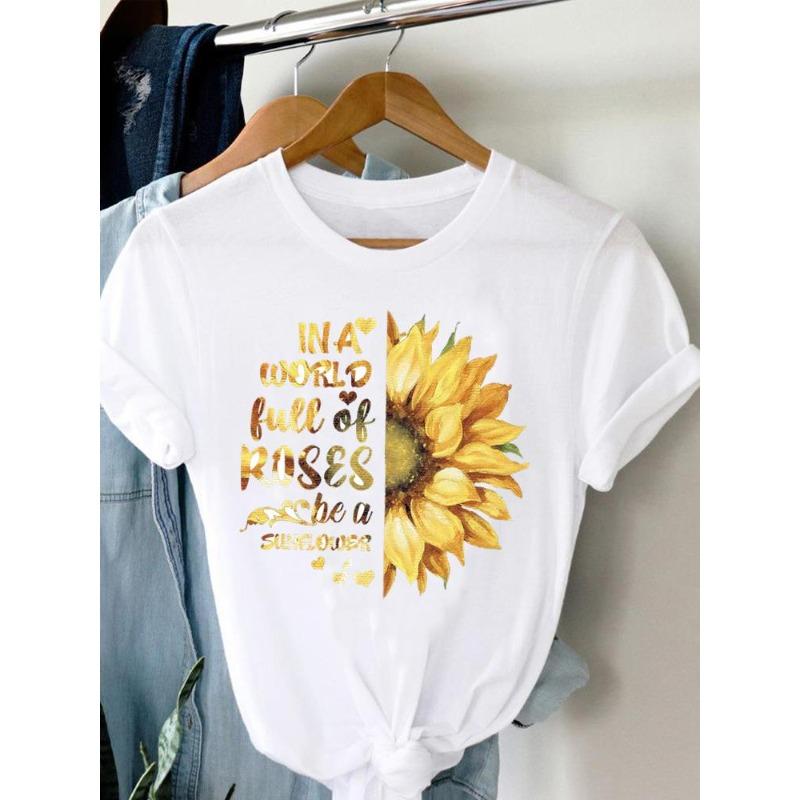 (European Size)90s Women Flower Watercolor Lovely Trend Short Sleeve Fashion Print Lady Tee Top Clothing Casual Tshirt Female Graphic T-shirts