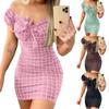 Robe Mini Slim Décor Nœud Papillon Doux Imprimé Carreaux Épaules Dénudées Robe Bodycon Vêtements Féminins
