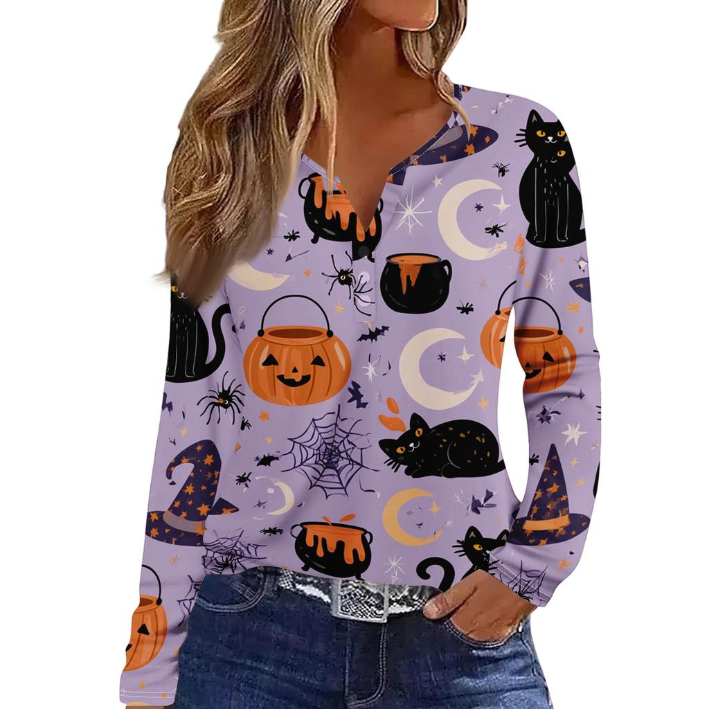 Women's Halloween Print V-Neck Long Sleeve T-Shirt with Button for Casual Holiday Wear