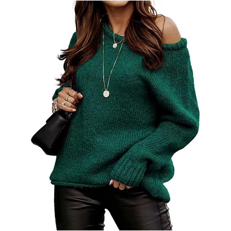 Autumn Winter Off-Shoulder Round Neck Pullover Loose Plus Size Sweater for Women