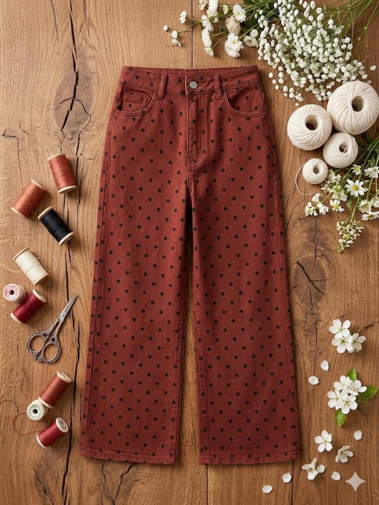 Cross-border 2026 new retro polka dot straight jeans high waist washed wide leg denim trousers women s versatile spot S