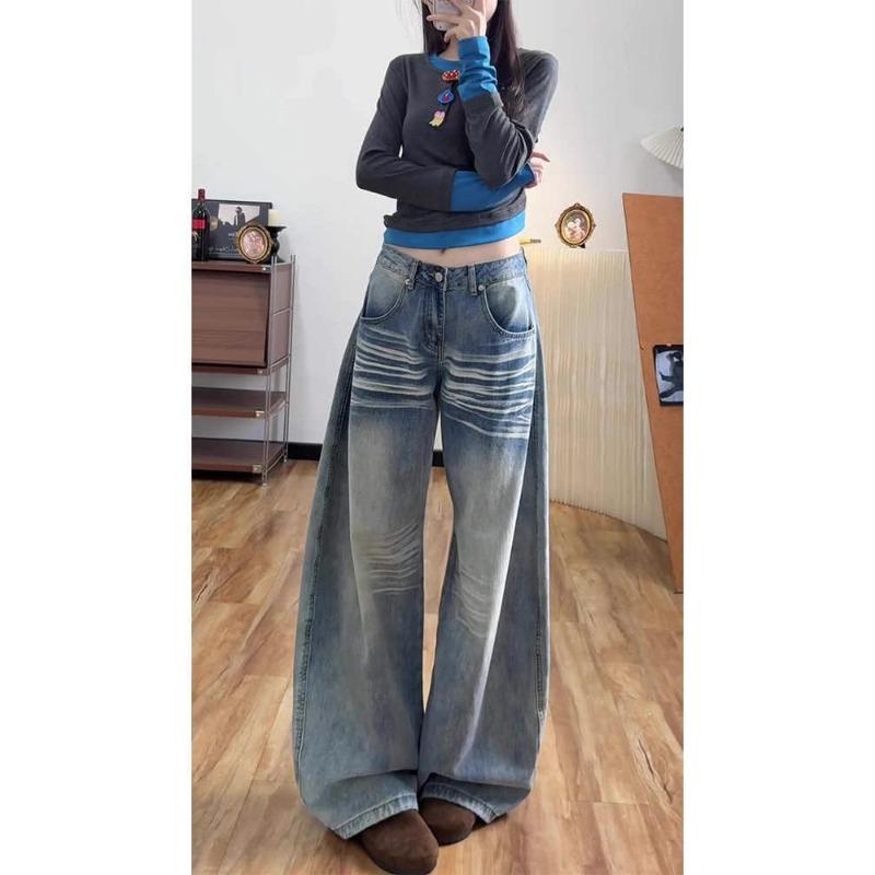 Washed Low-rise Velvet Thickened Wide-leg Jeans for Women, Loose and Thin Floor-mopping Scimitar Pants for Autumn and Winter