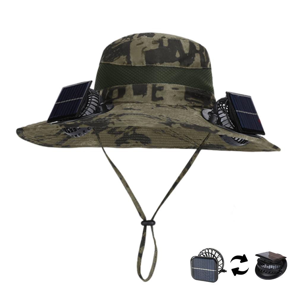 Outdoor Wide Brim Sun Hat with Solar/Charging Fan Outdoor Drawstring Fishing Hat Waterproof for Outdoor Riding Hiking Fishing
