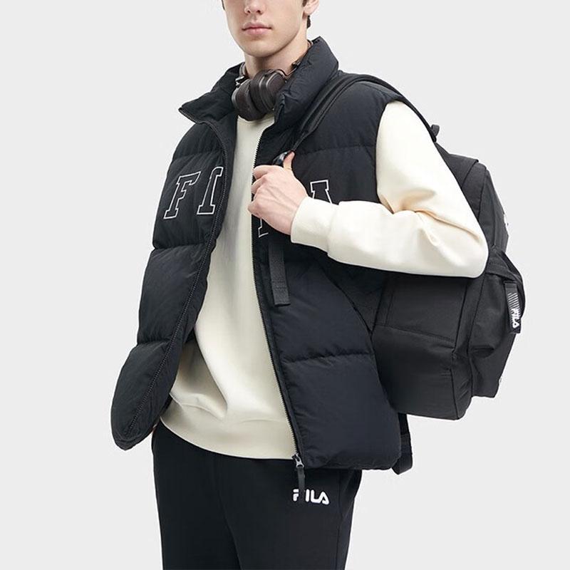 Fila Letter Logo Print Lined Loose Down Vest Unisex Vests Black F51U349903FBK
