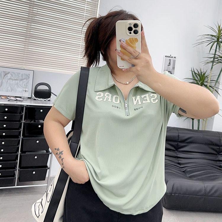 Plus Size Women's Casual Zipper Print Top - Loose Fit Short Sleeve T-shirt for 2025 Summer