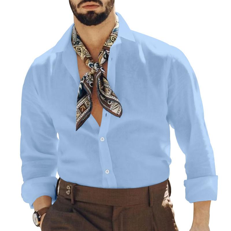 Plus Size Cotton-Linen Blend Spring/Summer New Arrival Men's Casual Collared Solid-Colour Long-Sleeved Shirt