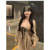 Temperament Premium Bow Splicing V-neck Long-sleeved Dress Women's Autumn Niche Pleated Slim-fitting White Short Skirt