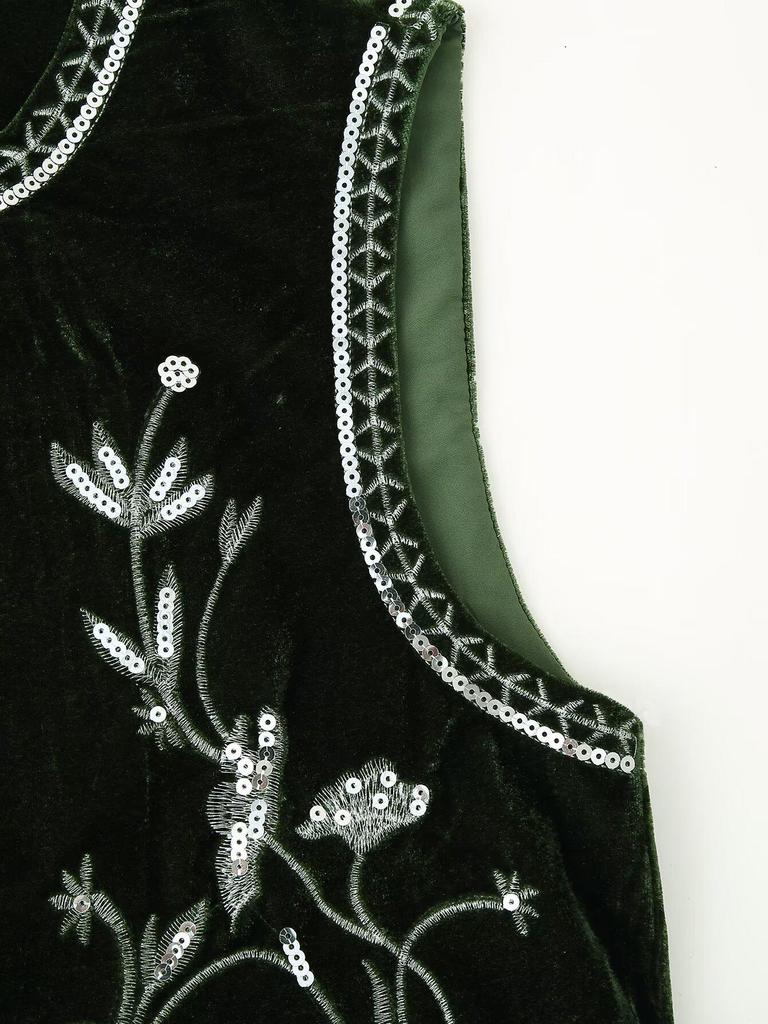 European American Women's Velvet Embroidered Sequin Vest