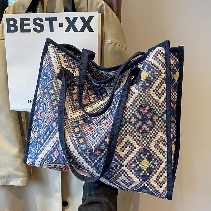 Large Capacity Ethnic Style Canvas Bag Women's 2026 Autumn and Winter Fashion Mommy Bag College Student Class Shoulder Tote Bag