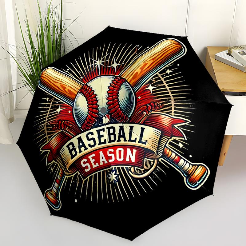 Baseball Design Folding Umbrella - Fashionable Auto-Open Design 8 Iron Ribs Plastic Handle Foldable Sunshade Perfect Gifts
