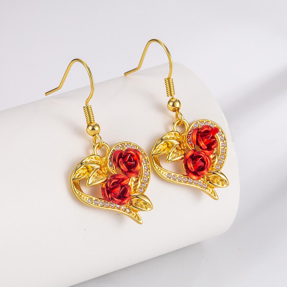 Love Rose Necklace Earrings Set, Vintage Flower And Leaf Jewelry.