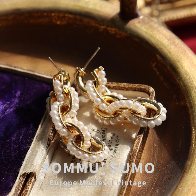 

Vintage medieval necklace earrings set replica pearl short bracelet copper plated real gold medieval style