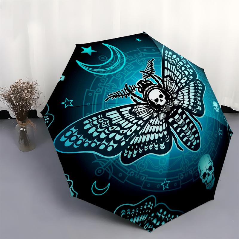 Gothic Moth Skulls Crescent Moon Stars Umbrella, Portable 3-Fold Umbrella for Men & Women,Christmas Gift ES261