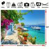 Sfondo Villaggio Greco sul Mare d'Estate Città Costiera Mare Blu Barca Sfondo per Servizio Fotografico