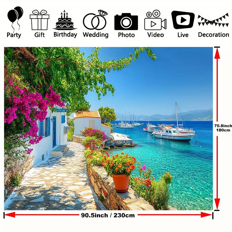 Sfondo Villaggio Greco sul Mare d'Estate Città Costiera Mare Blu Barca Sfondo per Servizio Fotografico