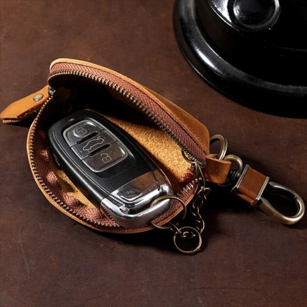 Genuine Car Key Pouch Crazy Horse Leather Key Storage Bag Key Case with Carabiner Men/Women
