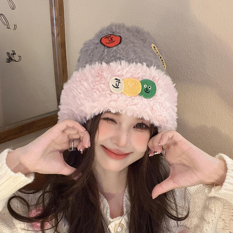 Dopamine Plush Hat Winter Warm Wool Hat Korean Style Versatile Face Showing Small Knit Hat Big Head Hat Women