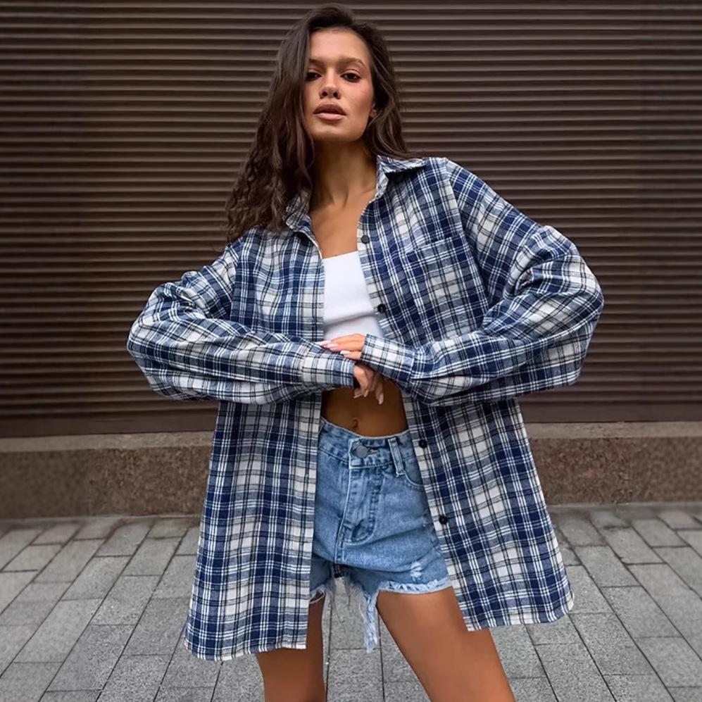Women's Versatile Plaid Turn-Down Collar Blouse - Loose Fit, Long Sleeve, with Pockets, European & American Style, 2025 Collection.
