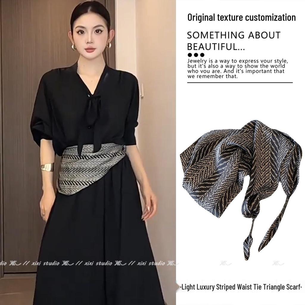 Elegant Black Striped Silk Tie Waist Triangle Scarf Belt - 2025 Collection