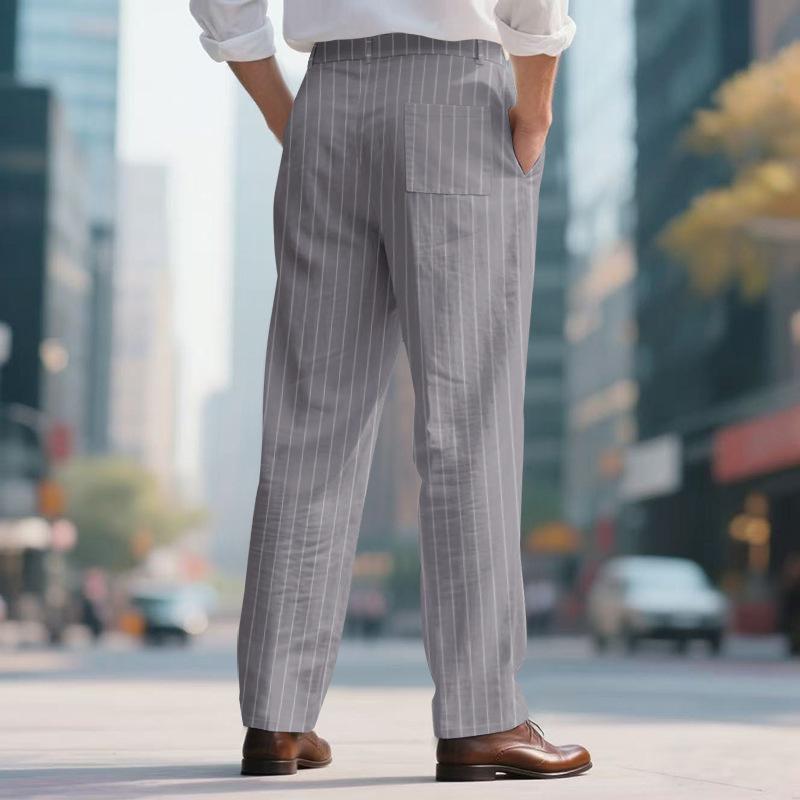 Fashion Mens Straight Trousers 2025 Summer Daily Leisure Breathable Loose Stripe Print Pants For Men Outdoor Vintage Linen Pants