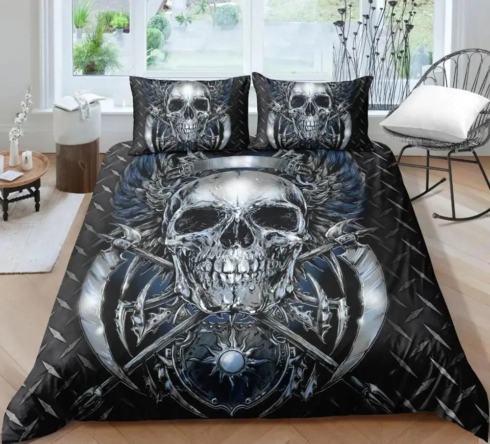 Skull Chevalier Duvet Cover Set King Size Horror Skeleton Bedding Set Day Of The Death Comforter Cover For Boys Men Gifts