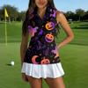 Women's Sleeveless Golf Shirt with Collar and Zipper , Halloween Print , for Casual Golf and Sport